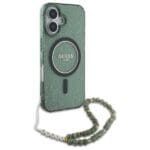 Guess GUHMP16SHGCRELSA green Hardcase IML Glitter With Pearl Strap MagSafe iPhone 16 Tok