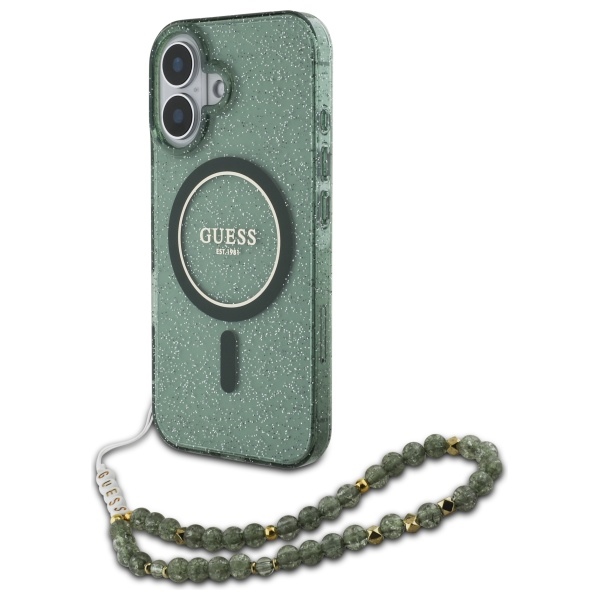 Guess GUHMP16SHGCRELSA green Hardcase IML Glitter With Pearl Strap MagSafe iPhone 16 Tok