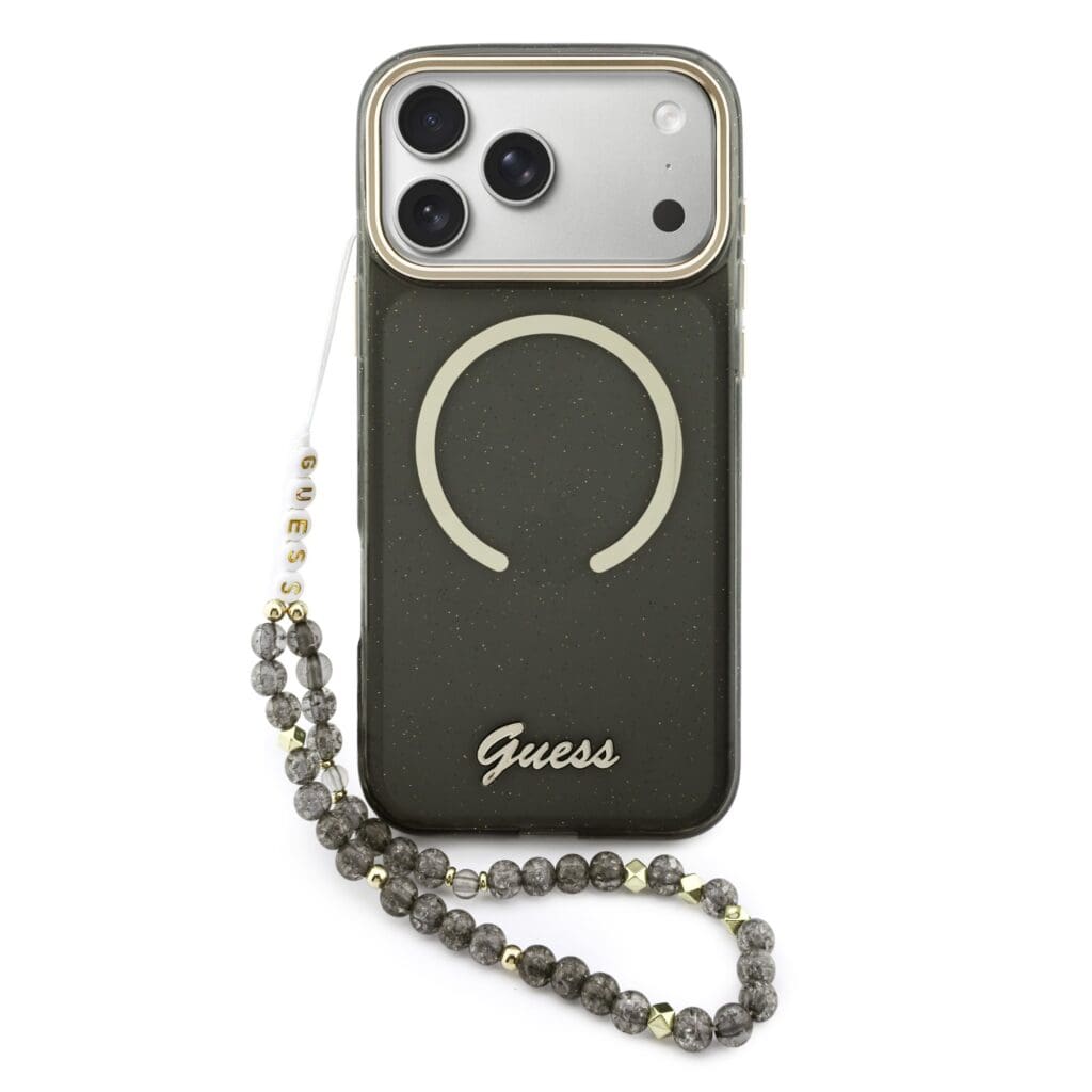 Guess IML Glitter Script Strap MagSafe Black iPhone 17 Pro Max Tok