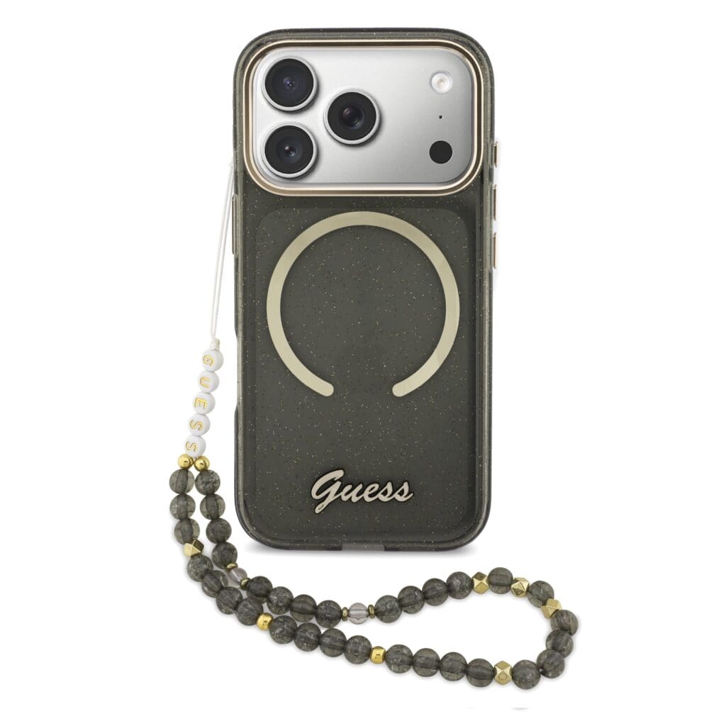 Guess IML Glitter Script Strap MagSafe Black iPhone 17 Pro Tok