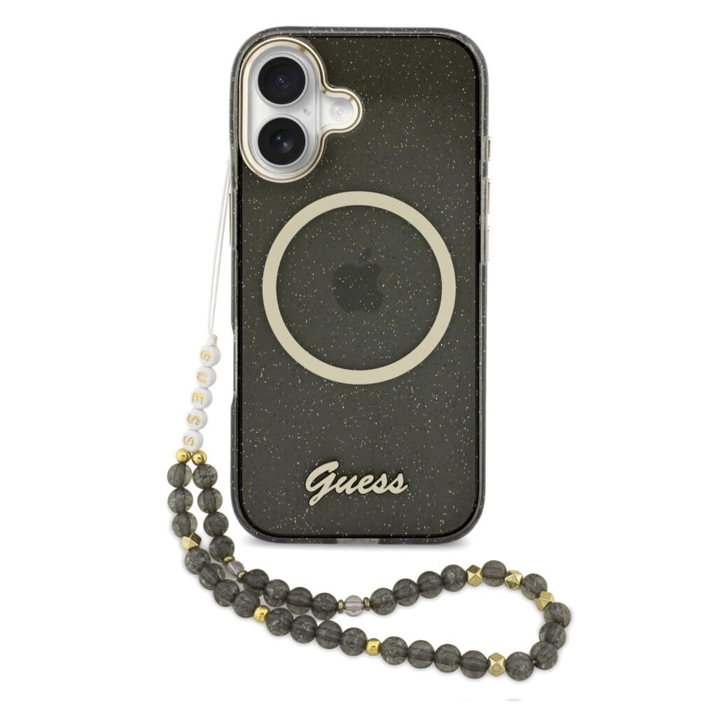 Guess IML Glitter Script Strap MagSafe Black iPhone 17 Tok