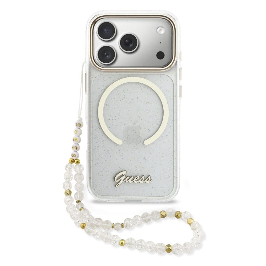 Guess IML Glitter Script Strap MagSafe Transparent iPhone 17 Pro Max Tok