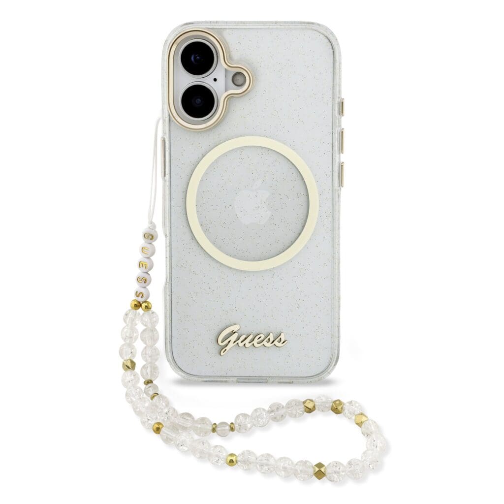 Guess IML Glitter Script Strap MagSafe Transparent iPhone 17 Tok