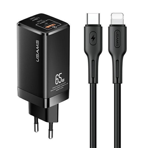Usams Wall Charger MT 2xUSB-C + USB GaN 65W T33 PD + USB-C to Lightning Cable 30W Fast Charging blac