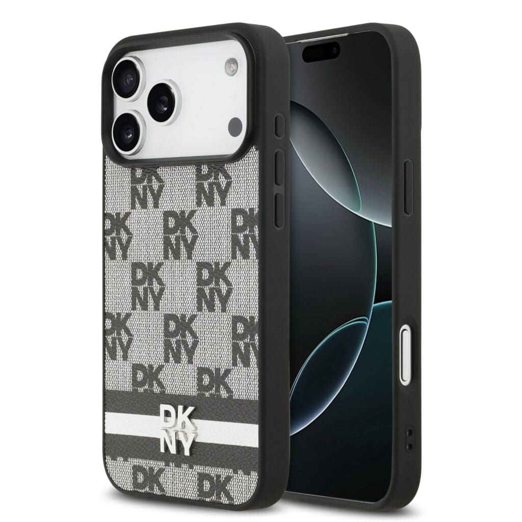 DKNY PU Leather Checkered Pattern and Stripe Black iPhone 17 Pro Max Tok