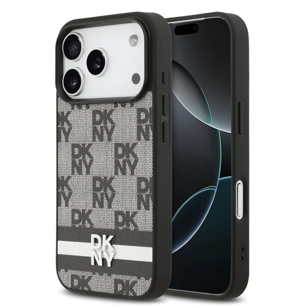 DKNY PU Leather Checkered Pattern and Stripe Black Tok iPhone 17 Pro