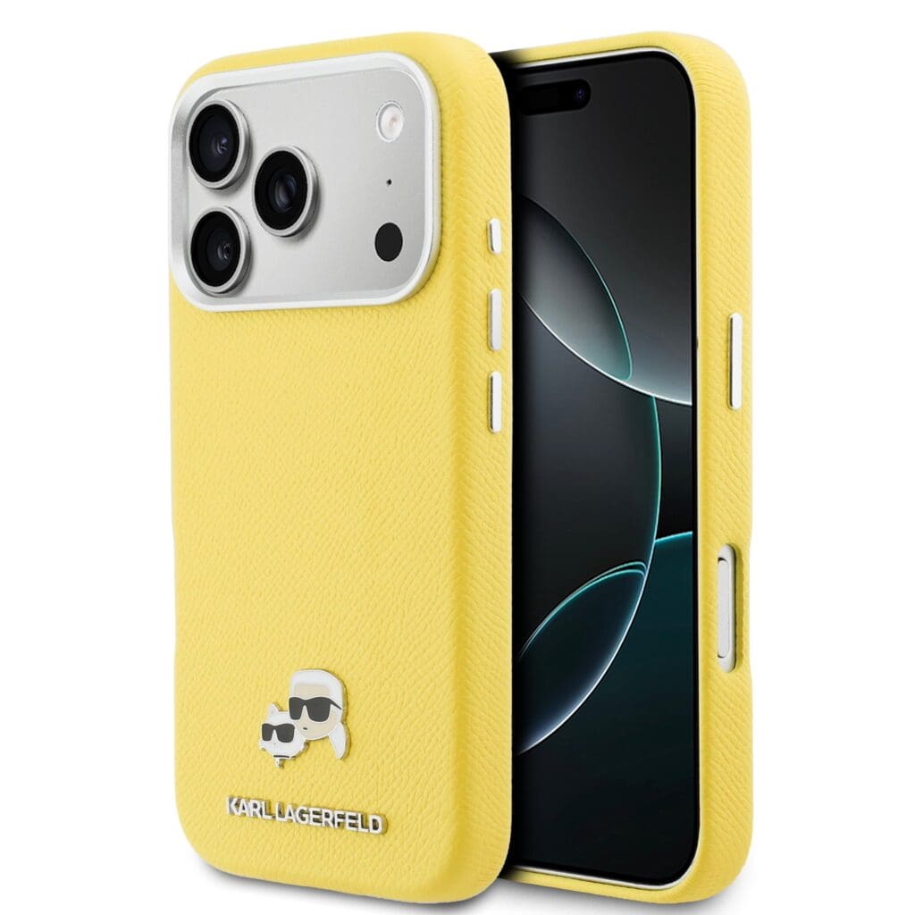 Karl Lagerfeld PU Karl and Choupette Heads Pins MagSafe Yellow Tok iPhone 17 Pro