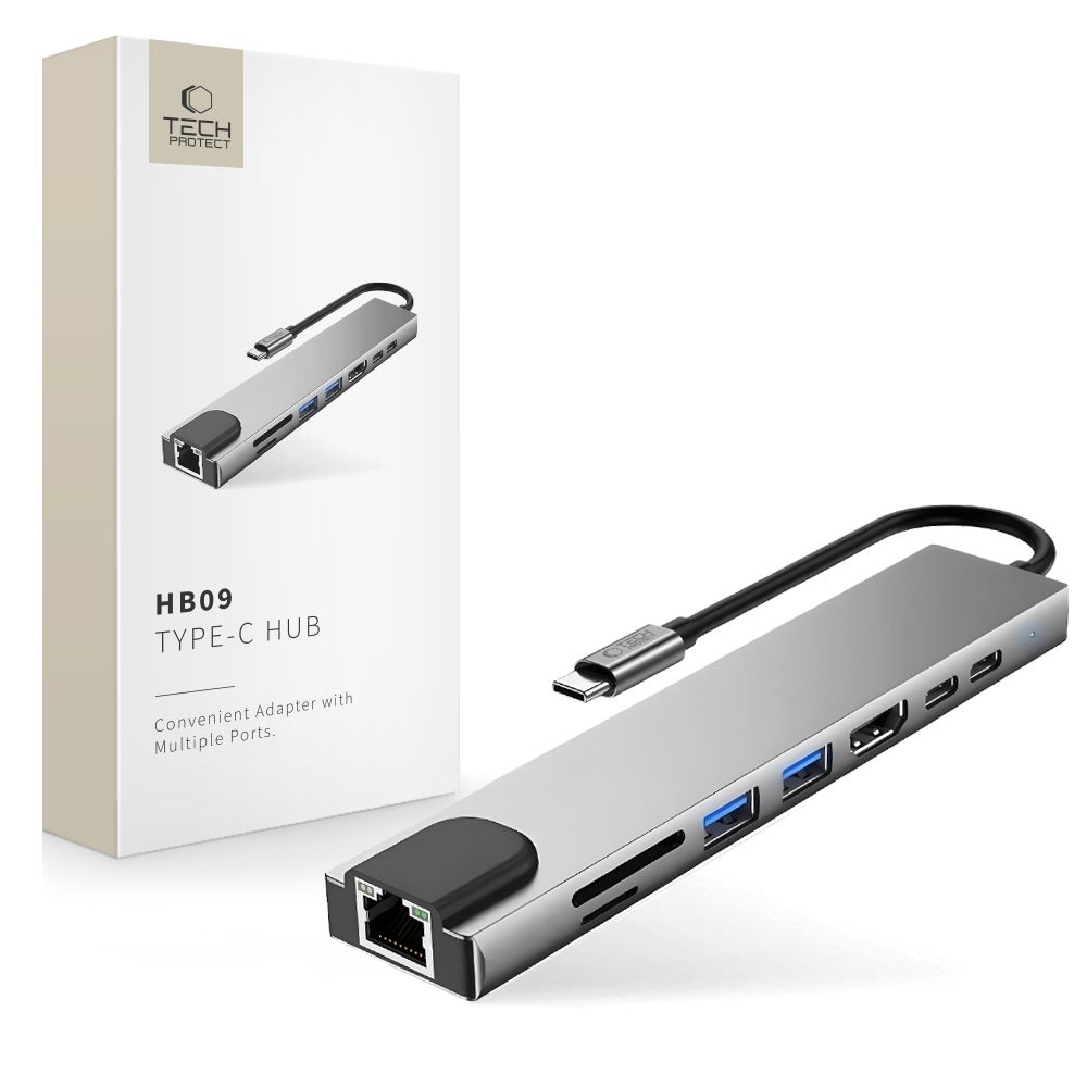 Tech-Protect Hb09 Hub Adapter 8in1 Type-C + USB-A 3.0 + USB C3.0 + HDMI4K 60Hz + SD/TF + PD 100W + RJ45 1000Mb/s Space Grey
